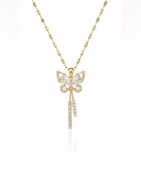 Stainless Steel Gold Butterfly Crystal Pendant Necklace